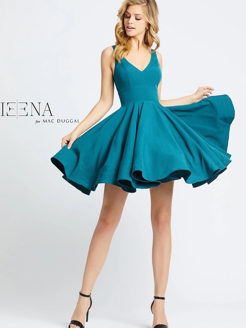 Ieena for Mac Duggal 48775 Teal Low Back Plunginh V-Neck Mini Party Dress 6 NWT